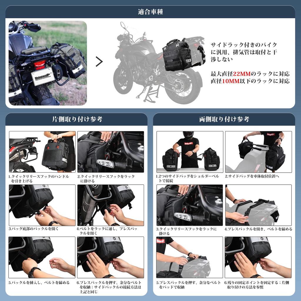 Rhinowalk Motorcycle Side 20L Large Soft Pannier Bags for Quick with Reflective One Universal Easy Black Bags, Waterproof, Capacity, Off-Road