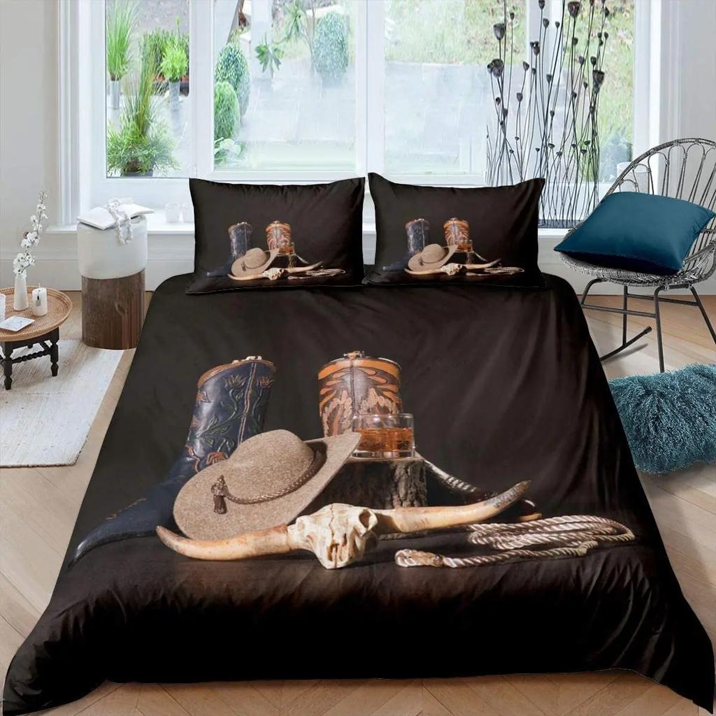 Western Cowboy Duvet Cover Set Vintage Farmhouse Bedding Set For Kids Boys Teens Queen Size Soft 2/3pcs Polyester Quilt Cover