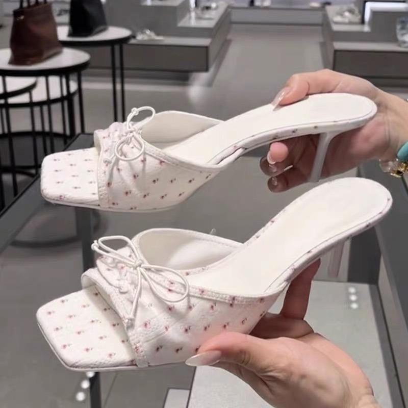 Fashion Women's Shoes 2025 Fashion New Summer Outdoor Peep Toe Women's Slippers Square Toe Stiletto Butterfly-knot Slippers