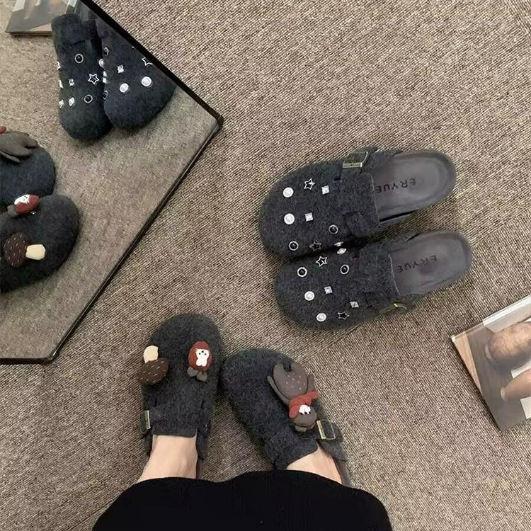 Leather Black Bullet Hole Boken Shoes Women's Autumn and Winter 2025 New Models Can Wear Lazy Bag Head Slippers Versatile Casual Shoes