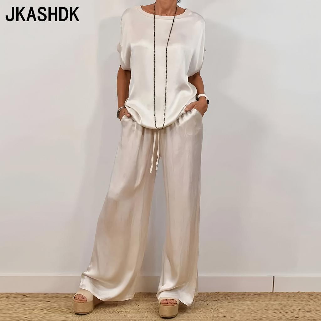 JKASHDK Women's Fashion Casual Summer Spring Solid Color Print Short Sleeve O-Neck Trousers Pants Suits