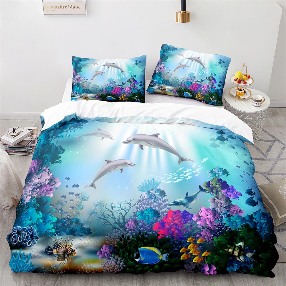 Пододеяльник Дельфин Размер Кинг-сайз Квин-сайз Прекрасный Постельный Комплект Морская Жизнь Для Детей Мальчиков Девочек Милый Океанский Животный 2/3шт Полиэстеровый Пододеяльник