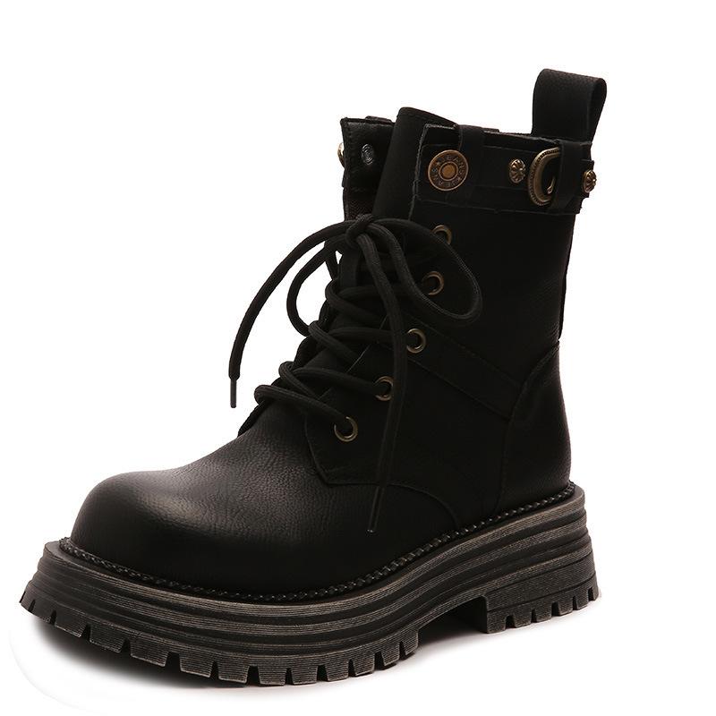 Vintage Martin Boots Women's 2024 British Style Lace-up Thick Heel Big Yellow Boots New Thick-soled Western Tooling Short Boots Tide