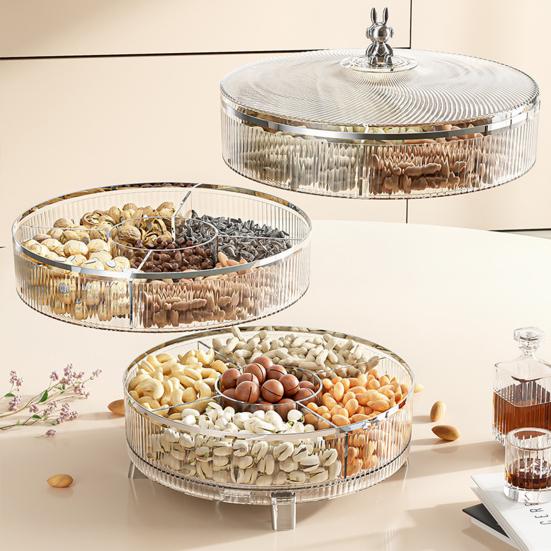 Triple Layer Divided Nut Serving Tray with Lid 360-degree Rotation Transparent Plastic Snack Platter Container BPA-Free Dried Fruit Storage
