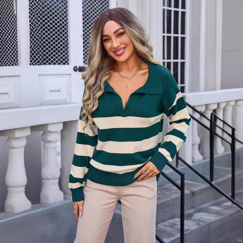 Autumn and Winter Women's Pullover Sweater Stripe Splicing PLOL Collar Large Size Sweater Knitwear