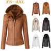 All Season Women's Fashion Bomber Zipper Leather Jacket Hooded Faux Coats Winter Warm Solid Outwear