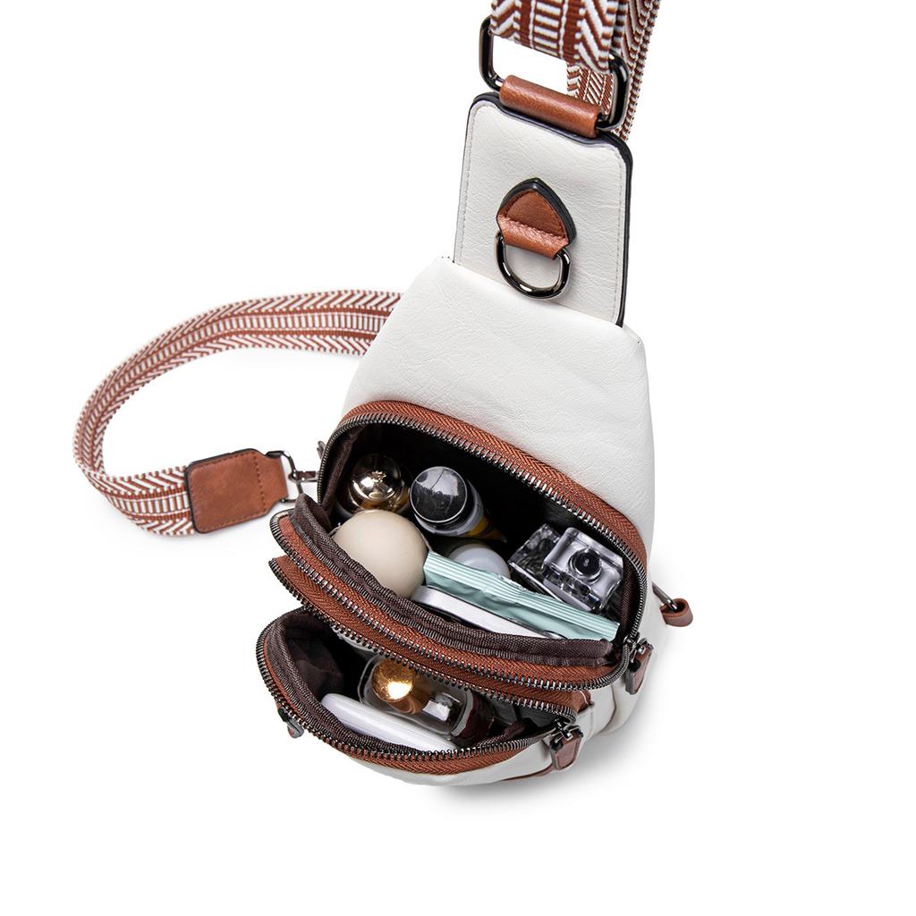 New Women's Breast Bag Contrasting Color Wide Shoulder Strap Backpack Single Shoulder Small Bag Retro Large Capacity Diagonal Span Fanny Pack