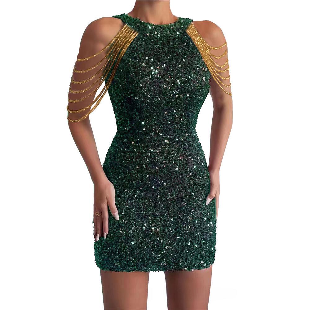 2025 Spring/Summer Crystal Chain Halter Neck Sequin Evening Dress