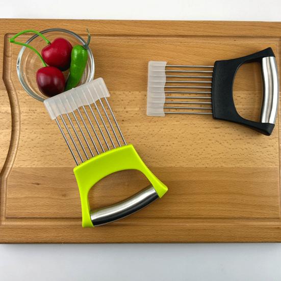 1 Set Onion Cutter Stainless Steel Potato Tomato Slicing Holder Non-Slip Grip Vegetable Lemon Slicer Chopper for Kitchen