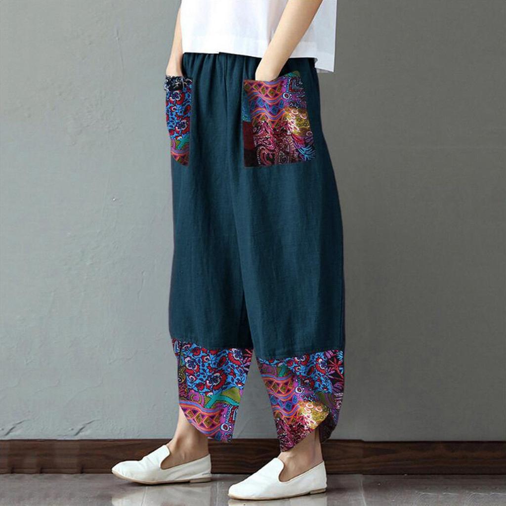 Women Casual Cotton Linen Print Patchwork Irregular Loose Wide Leg Pants