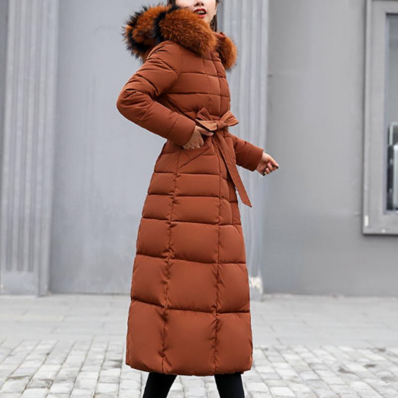 New Winter Jacket Ladies Warm Fashion Bow Belt Collar Long Dress Ladies Thick Coat