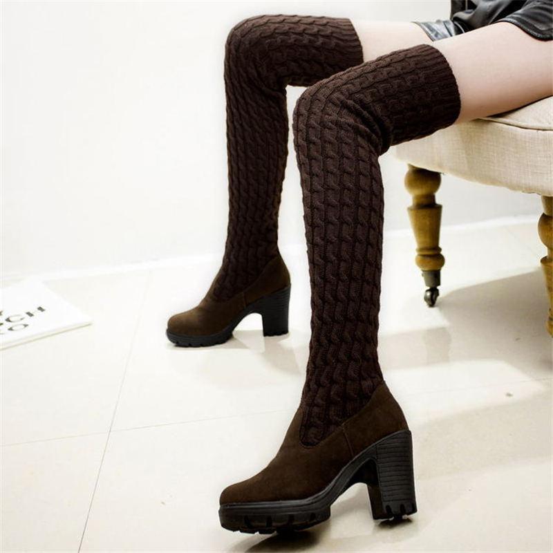 2025 Winter Warm Women Boots Ladies Knee High Shoes Thick Knitted High Heel Boots Round Top Women High Boots Big Size 35-40