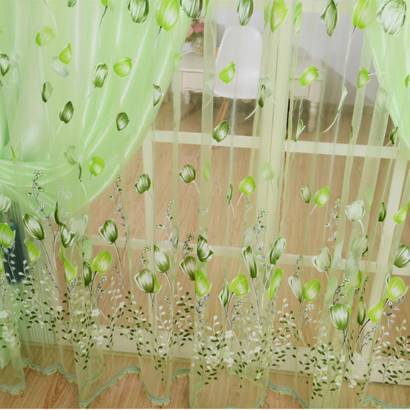 Tulip Flower Sheer Window Curtain Beads Tassel Door Scarf Drapes Valance Home Supplies