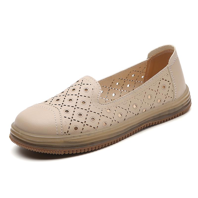 Spring Summer Leather Mesh Flat Casual Shoes Hollow Breathable Comfortable Fashion Single Shoes for Women Mom Loafers