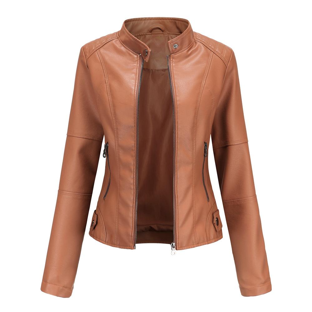 Women's Slim Fit Spring Autumn Solid Color Long Sleeve Stand Collar Leather Jackets S-4XL