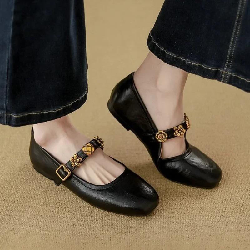 Fashion French Style Flat Ballet Shoes Women's Mango Head Soft Retro Mary Jane Shoes Leather Version Low Heel Round Toe Rubber Sole