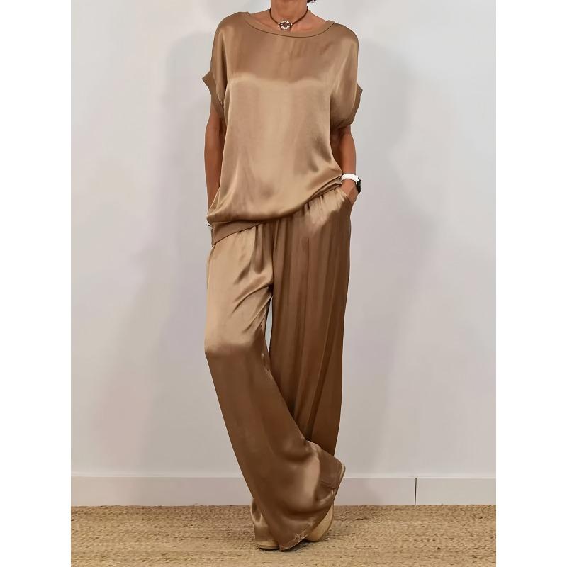 JKASHDK Women's Fashion Casual Summer Spring Solid Color Print Short Sleeve O-Neck Trousers Pants Suits