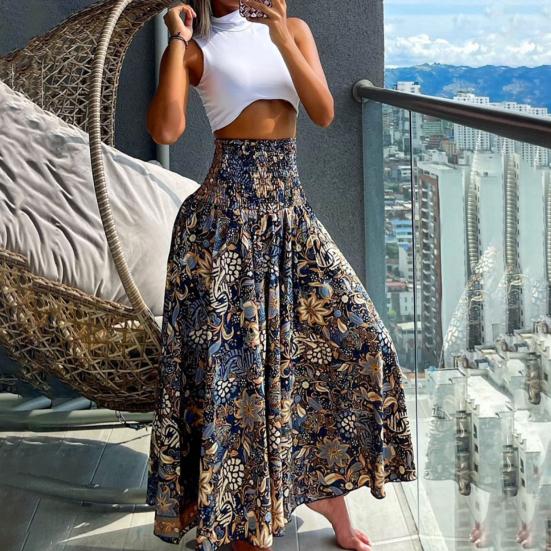 Women Maxi Skirt High Waist Wide Elastic Waist A-Line Retro Printed Skirt Summer Loose Fit Long Skirt Streetwear