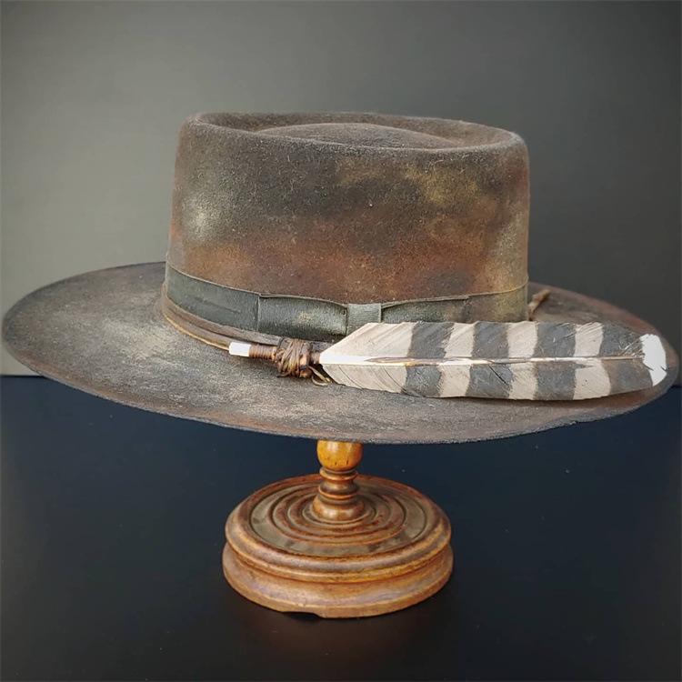 Pork Pie Top Sheep Felt Hat Solid Sheep Felt Hat Feathered Pure Wool Felt Hat