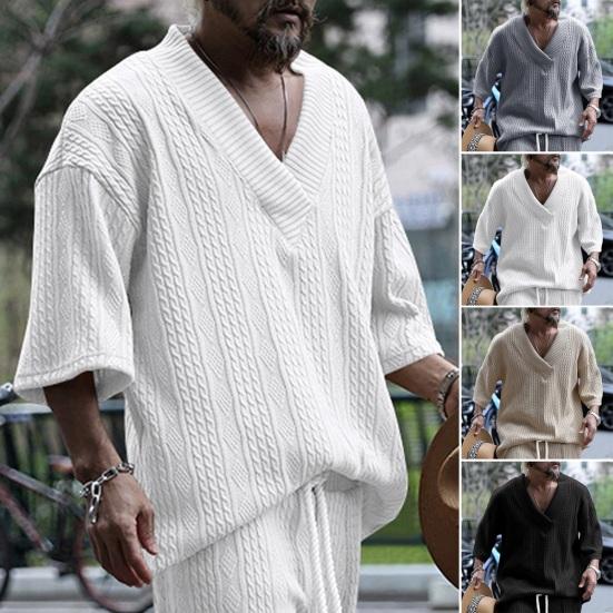 Мужской верх вязаный V-образный вырез с половиной рукавом свободный мешковатый сплошной цвет ретро аппликация эластичный мягкий дышащий средней длины спортивная повседневная футболка мужская футболка
