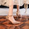 Summer Women Pumps Luxury Pointed Toe Rhinestone Bow Chain Sequin High Heel Sandals Banquet Dress Wedding High Heels