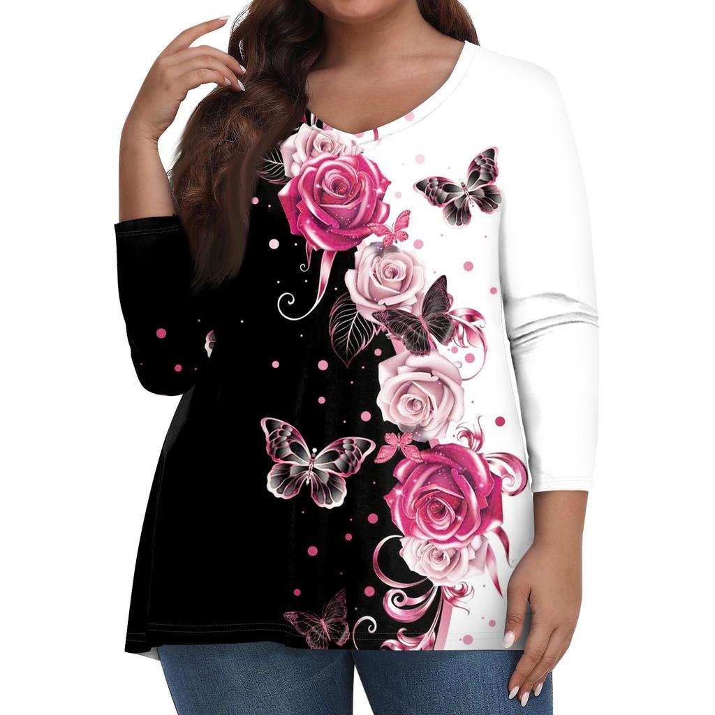 Женские топы больших размеров, рубашки с рукавами 3/4, повседневная одежда с V-образным вырезом, топы с принтами