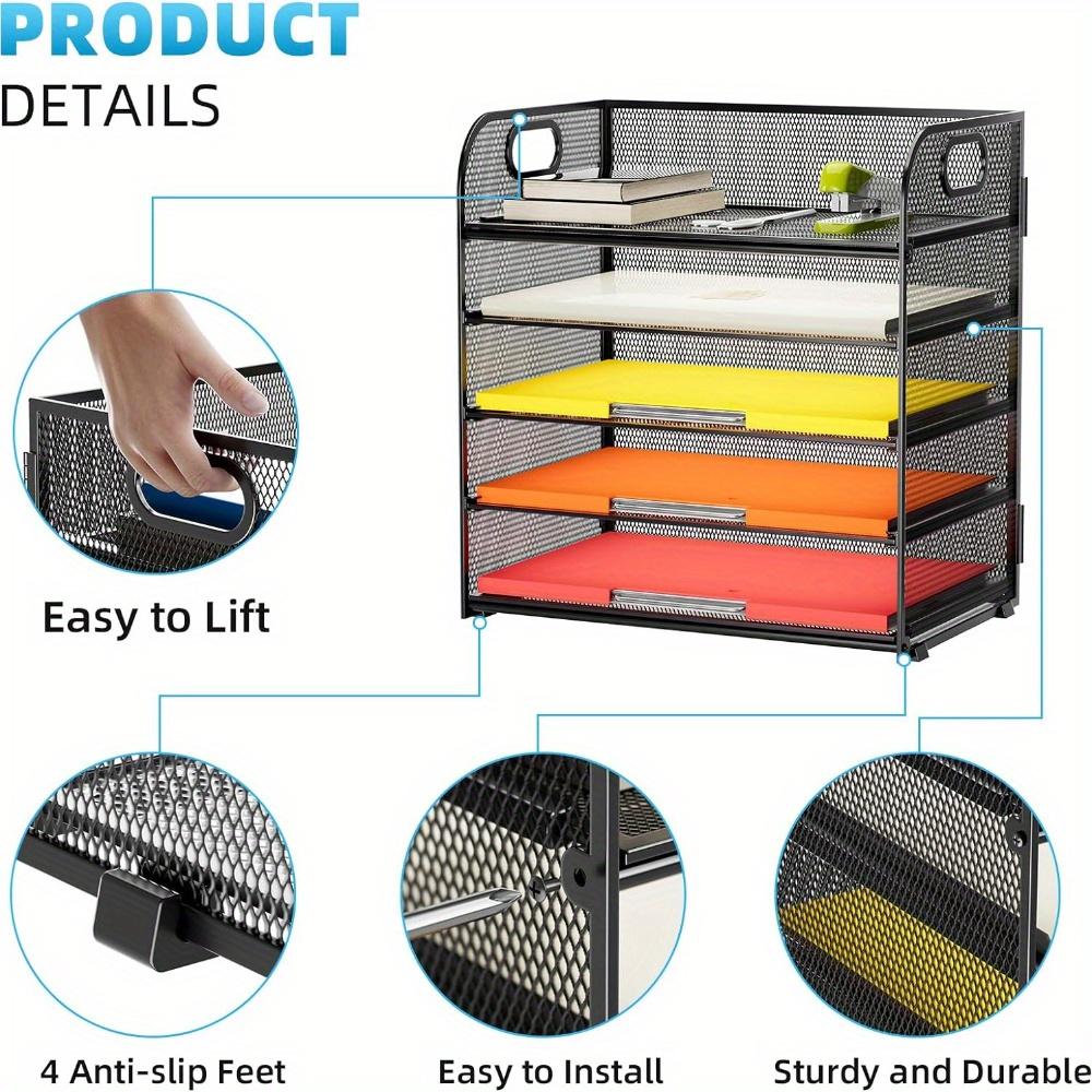 5 Tray Desk File Organizer, Mesh Paper Sorter Letter Tray Organizer with Handle, Desktop File Organizer and Storage for Letter/A4 Office File Folder