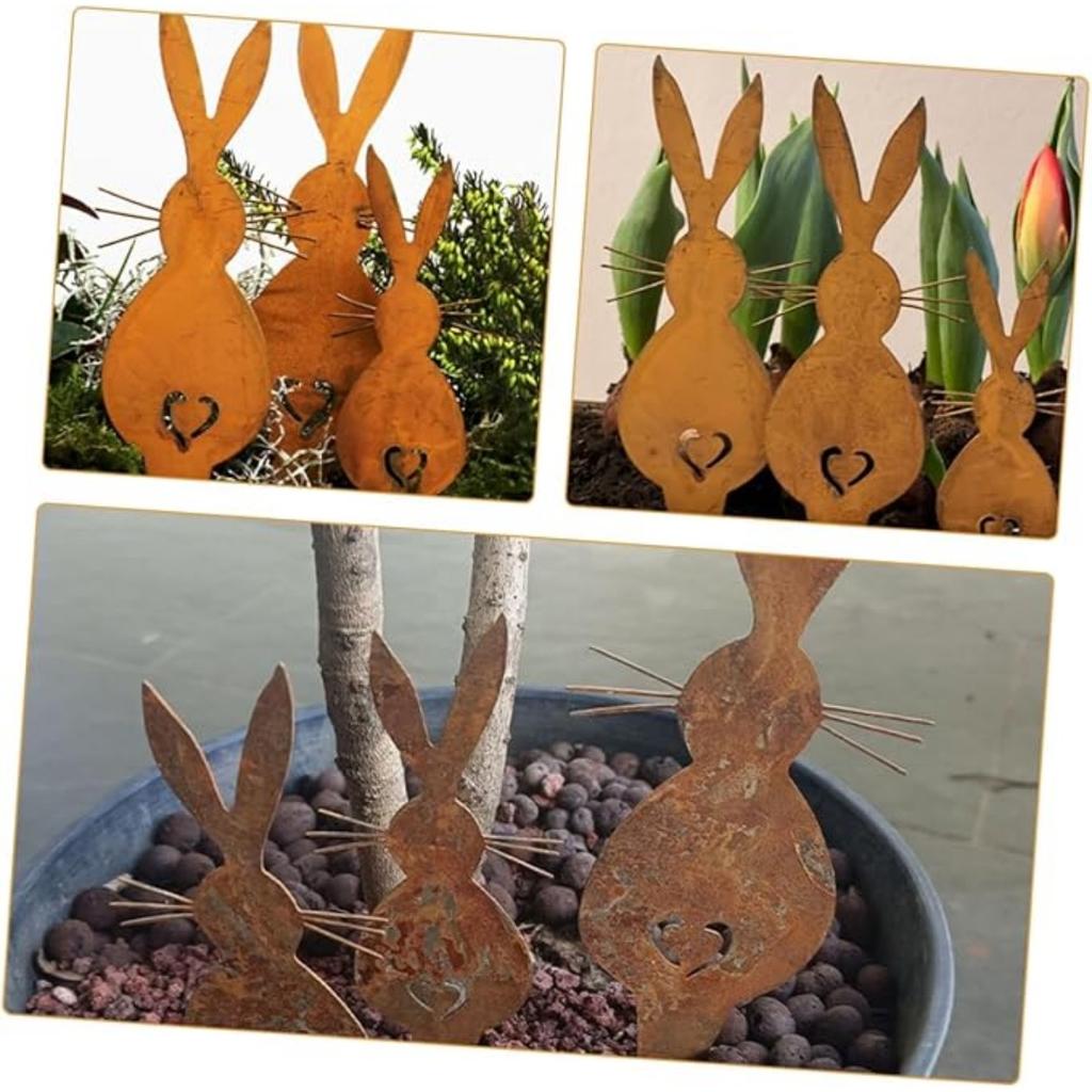 3pcs Easter Rustic Iron Rabbit Garden Stake Decorative Metal Animal Stake for Yard