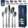20Pcs Patterned 410 Stainless Steel Black Golden Cutlery Set Stainless Steel Knife Fork Spoon Tableware Flatware Set Festival Kitchen Dinnerware Gift