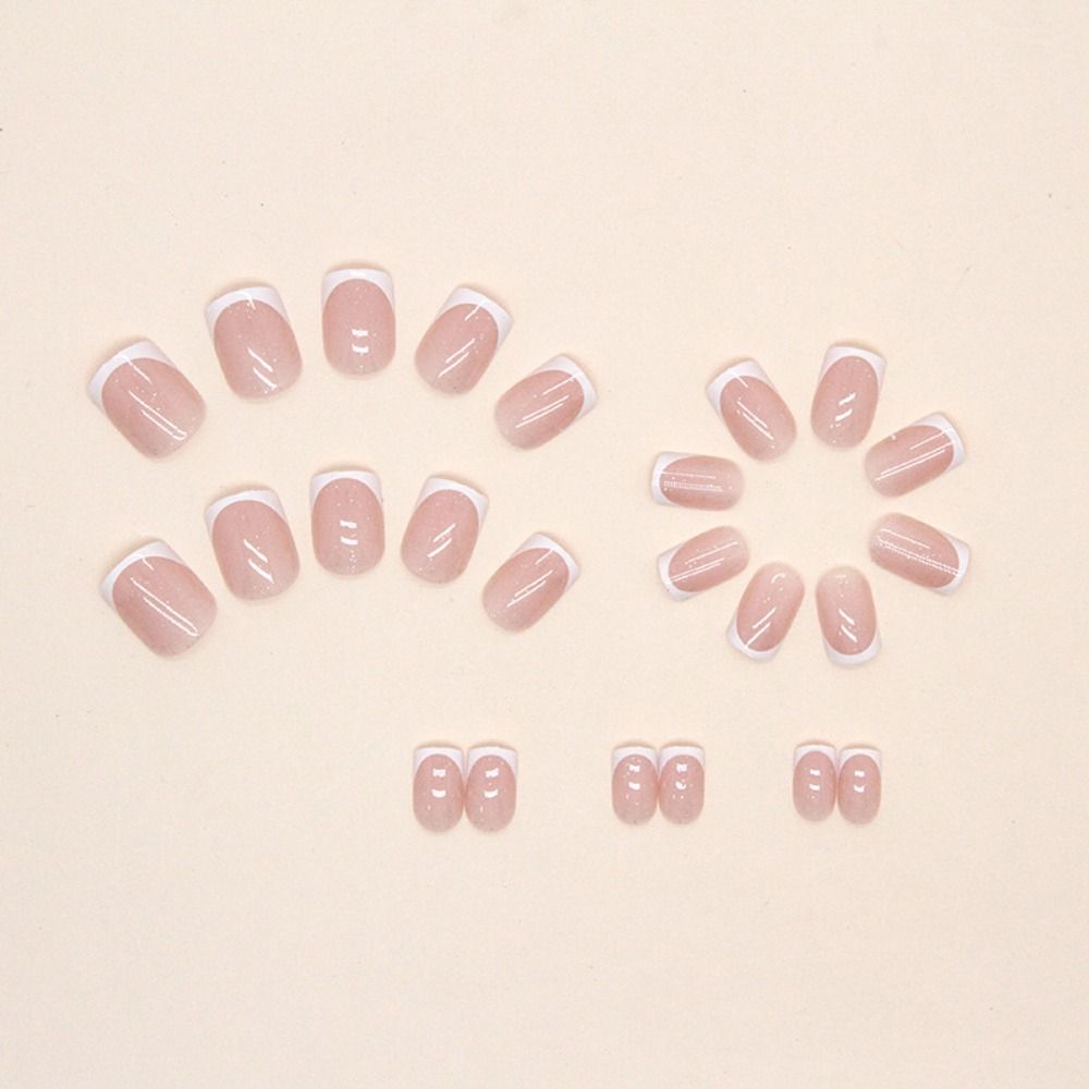 24pcs Detachable DIY Press On Nails White Edge Pink French Simple Short Square False Nails