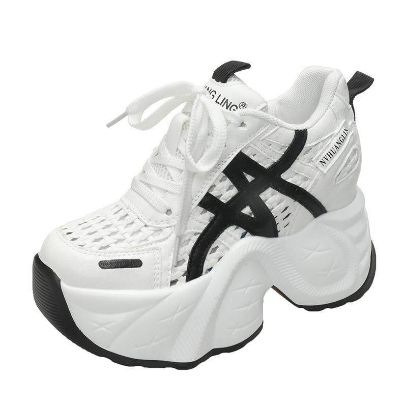 Fashion 2025 Chunky Leather Sneakers Summer Casual Vulcanized Shoes Woman High Platform Breathable Hollow Sneakers 9CM Sport Dad Shoes