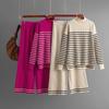 Fall Winter Lazy Wind Loose High Collar Pulllover Sweater Suit Women's Stripe Long Sleeve Knit Wide Leg Pants Two Piece Set