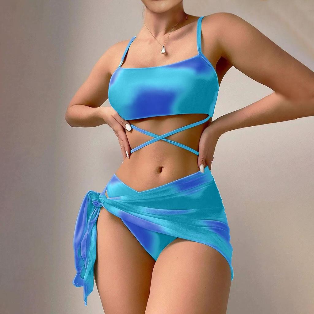 Women's Solid Color Swimsuit Women's Split Thin Strap High Waist Swimsuit Cover-up Four-Piece Set