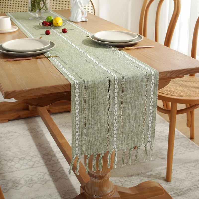 Hand Woven Solid Color Lace Table Runner with Fringe for Farmhouse Christmas Dining Table Decor