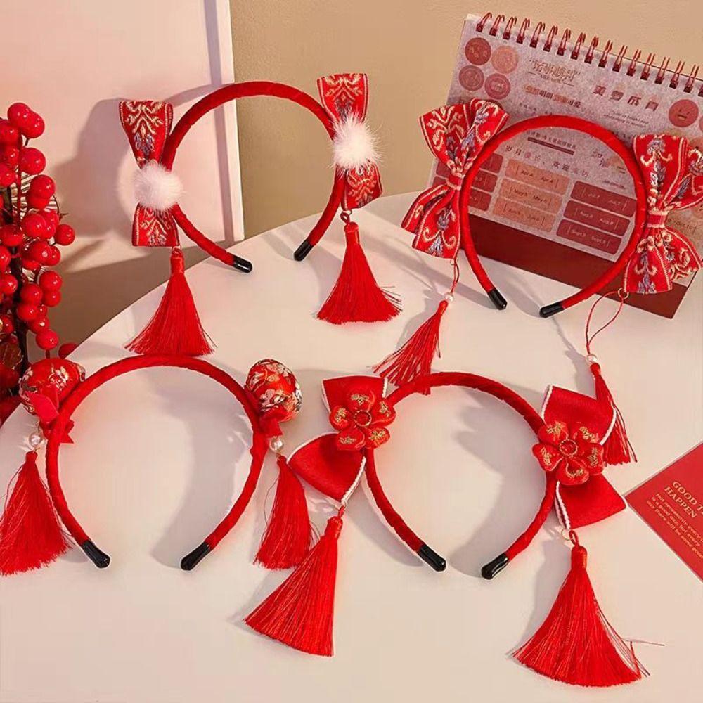 Tassel Hanfu Hair Bun Hair Hoop Plush Ball Red Hairband Simple Chinese New Year Headwear Children