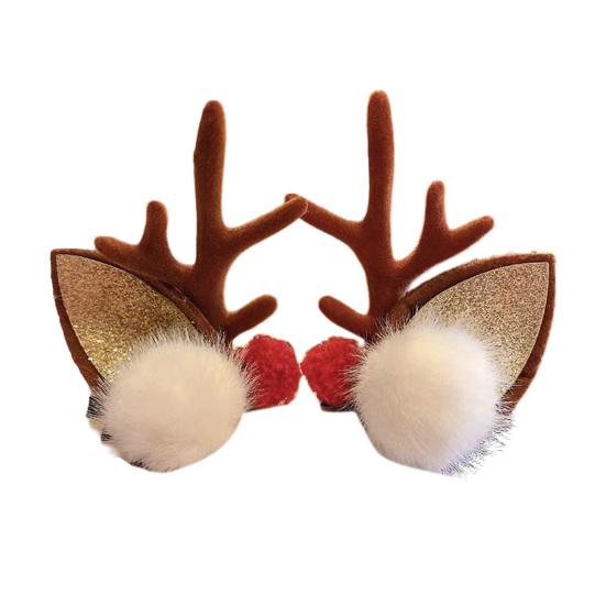 1 Pair Reindeer Antler Hair Clips for Christmas Fluffy Ear Headband with Pom Poms Festive Girls Hair Accessories Gift for Women Kids