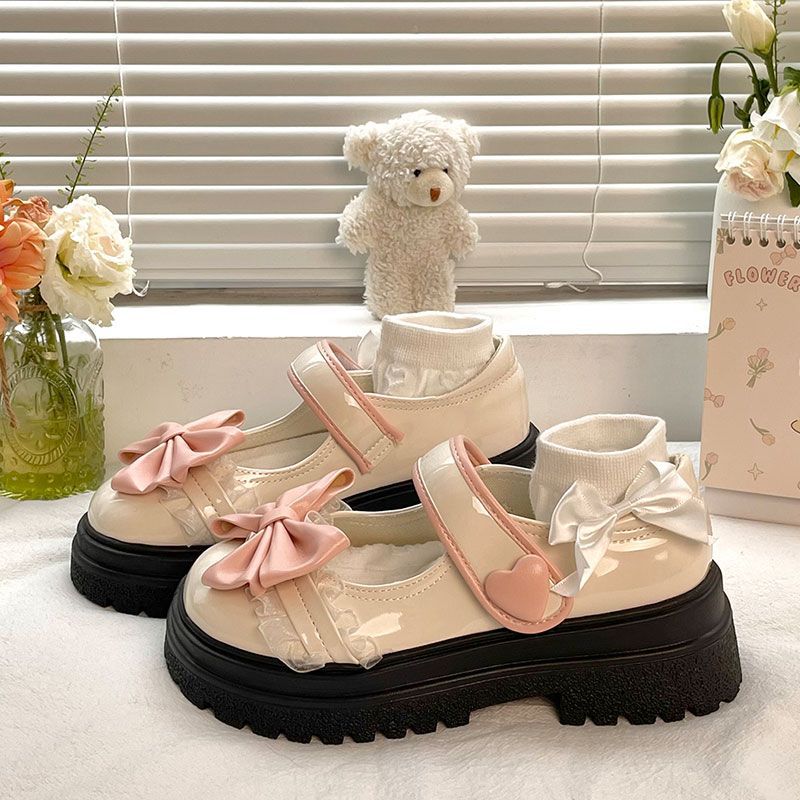 Fashion Cute Bow Round Head Leather Mary Jane Shoes Versatile Thick Bottom JK Uniform Lolita Shoes for Women Casual Thicke Heel Loafers