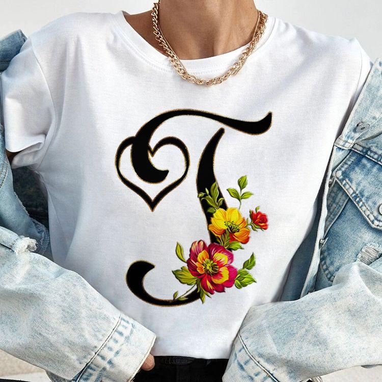 Custom Name Letter Combination Tops Fashion Women T-Shirt Rose Flower Heart Letter Font A B C D Short Sleeve Tees Black T-Shirt