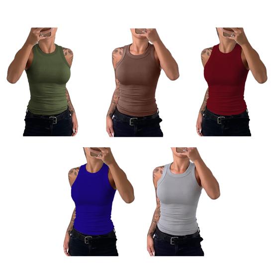 Women Vest Round Neck Sleeveless Elastic Slim Fit Tops Solid Color Sport Camisole