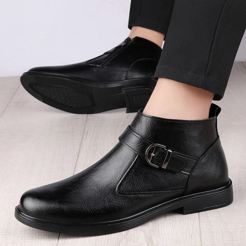 Winter Business Leather Boots Plush Warm Chelsea Men Boots Formal High Top Leather Shoes British High Quality Trendy Ankle Boots