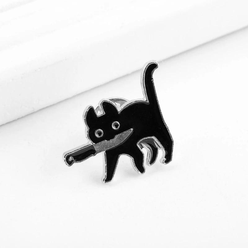 Hot Cartoon Cute Cat Holding A Knife Enamel Pins Lapel Pin Small Black Pins Cute Metal Lapel Badges Brooch Funny Jewelry Gift