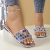 Fashion Colorful Rhinestone Flat Sandals for Women Summer Square Toe Beach Slippers Woman Gold Silver Gemstone Decoration Fashion Slides