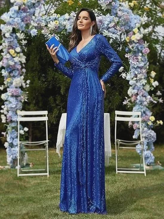Spring Solid Color Sequin Long-Sleeve Evening Dress - 5 Colors