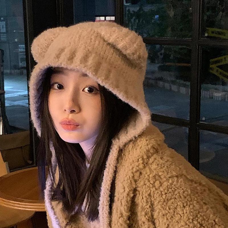 Winter Women'S  Hat Cute Bear Earmuff Hat Plush Warm Solid Color Hat