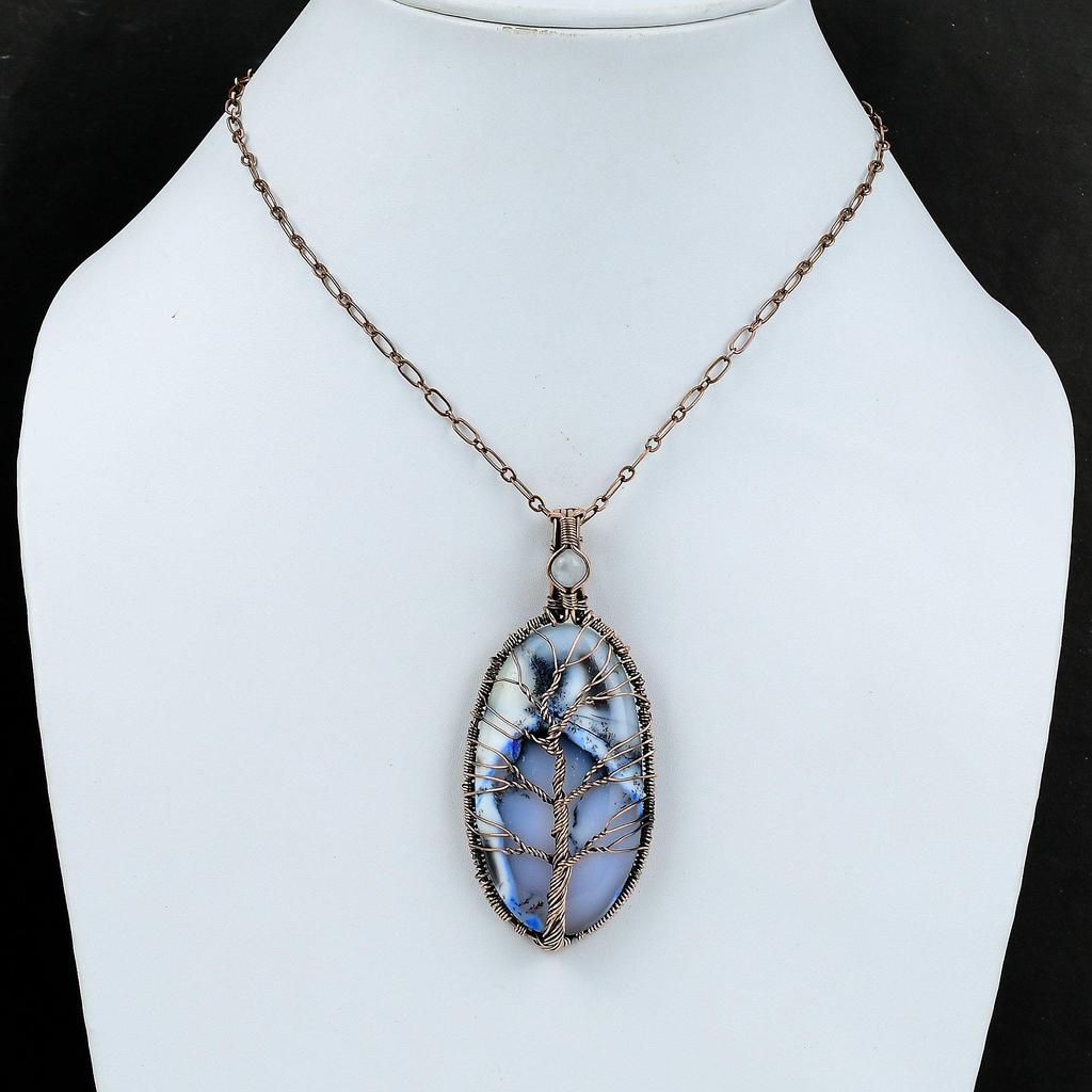 Подвеска из голубого дендрита и опала «Дерево жизни», обернутая медной проволокой, подвеска из драгоценного камня с радужным лунным камнем, медная бижутерия, подвеска ручной работы, подарок для мамы