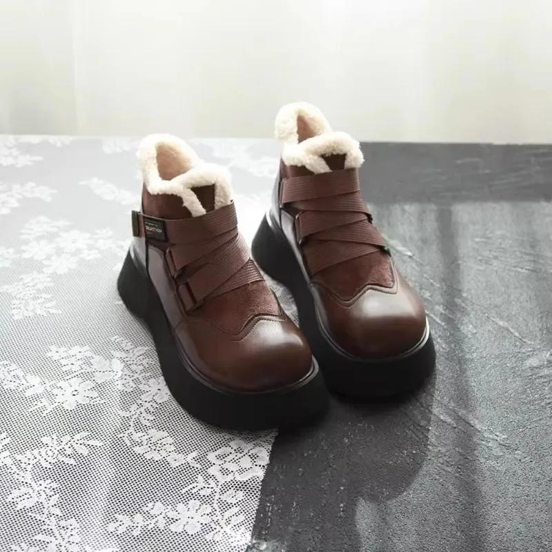 2024 Winter Women Ankle Boots PU Thick Sole Plush Warm Winter Woman Shoes Flats Lace Up LadiesLolita Shoes Outdoor Daily Commute