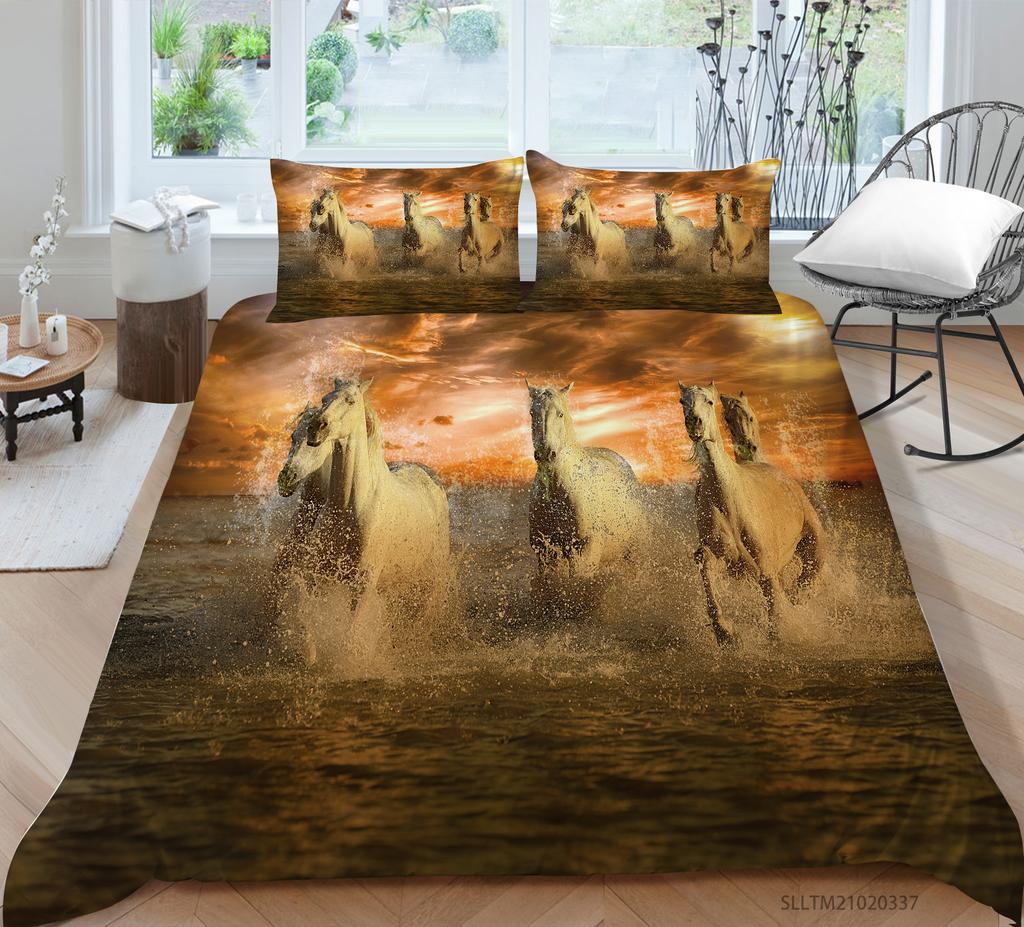3D Horse Pattern Bedding Single Double Bed Full Size Animal Print Pillowcase and Quilt Cover Microfiber Washable Home Decoration