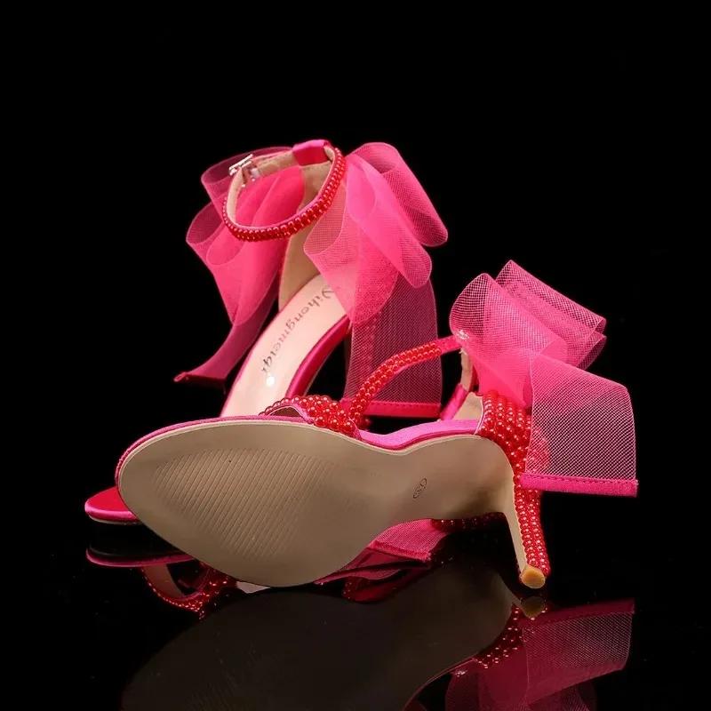 Fashion New Fish Mouth Bowknot Pearl Sandals Summer Fashion Shallow Mouth Wedding Dress Bridal Banquet High Heel Women's Single Shoes 43