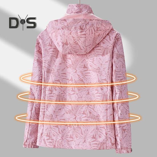 Women Jacket Stand Collar Detachable Hood Long Sleeve Casual Coat with Pockets Maple Leaves Print Zipper Placket Outwear
