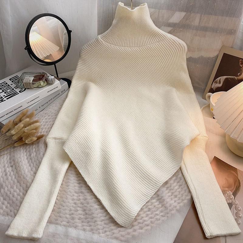 2024 Autumn Winter Women Fashion Irregular Loose Knit Sweater Vintage High Neck Long Sleeve Female Pullovers Chic Tops